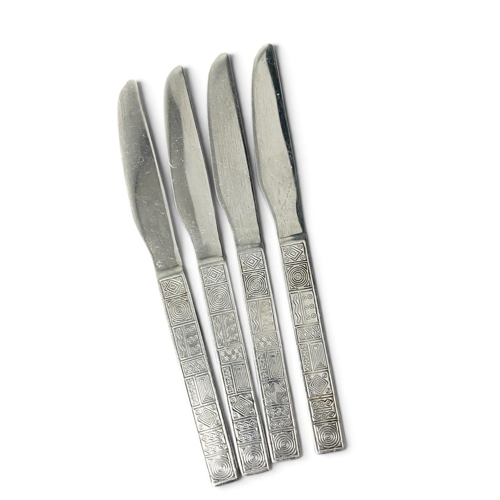 JCPenney Aztec Stainless Knife SET OF 4  Geometric Silverware JPF3 90s Y2K VTG